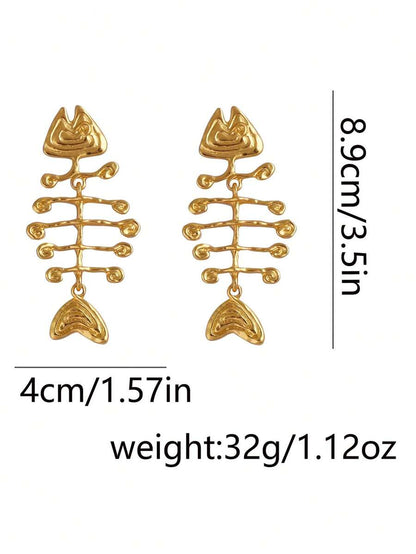 Luxury Minimalist Fish Skeleton Design Alloy Earrings, Versatile Beach/Ocean Style Ladies Earrings