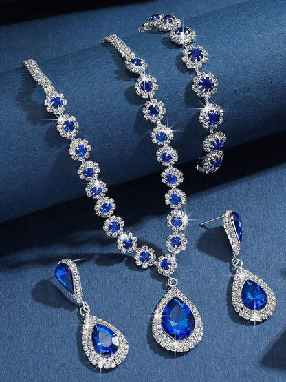 1 Pair Of Earrings + 1 Necklace Elegant Jewelry Set Silver Plated Inlaid Rhinestone Multi Colors For U To Choose Match Daily Outfits