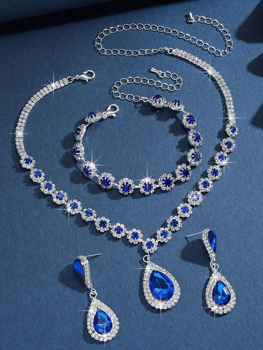 1 Pair Of Earrings + 1 Necklace Elegant Jewelry Set Silver Plated Inlaid Rhinestone Multi Colors For U To Choose Match Daily Outfits