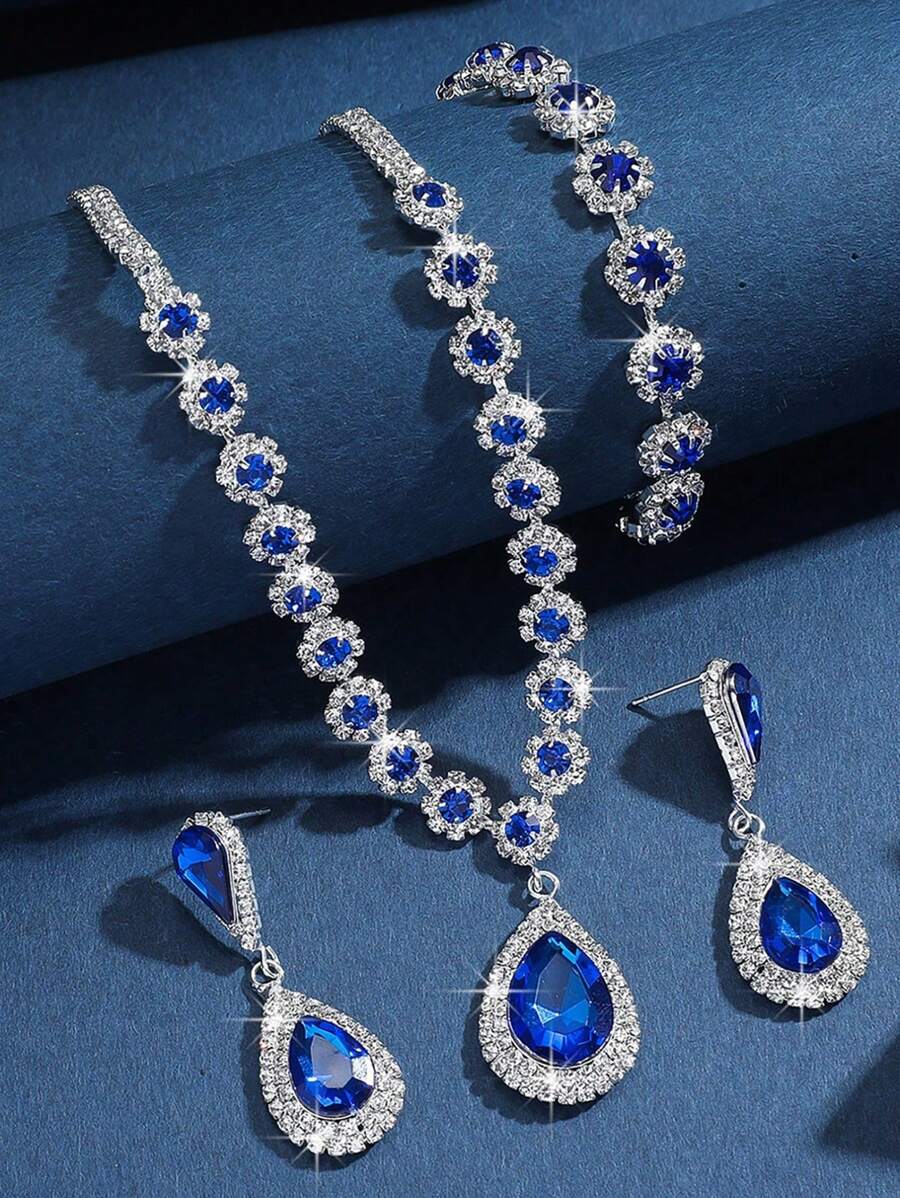 1 Pair Of Earrings + 1 Necklace Elegant Jewelry Set Silver Plated Inlaid Rhinestone Multi Colors For U To Choose Match Daily Outfits