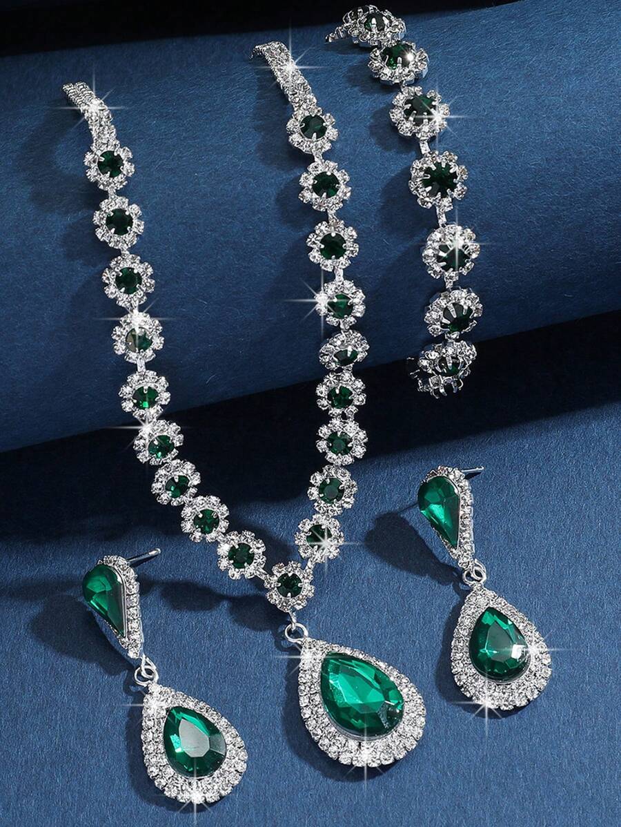 1 Pair Of Earrings + 1 Necklace Elegant Jewelry Set Silver Plated Inlaid Rhinestone Multi Colors For U To Choose Match Daily Outfits