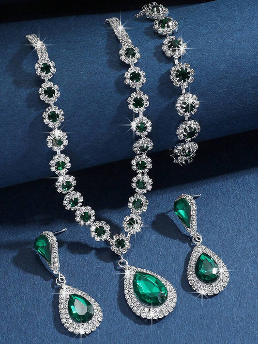 1 Pair Of Earrings + 1 Necklace + 1 Bracelet Elegant Jewelry Set Silver Plated Inlaid Rhinestone Multi Colors For U To Choose Match Daily Outfits