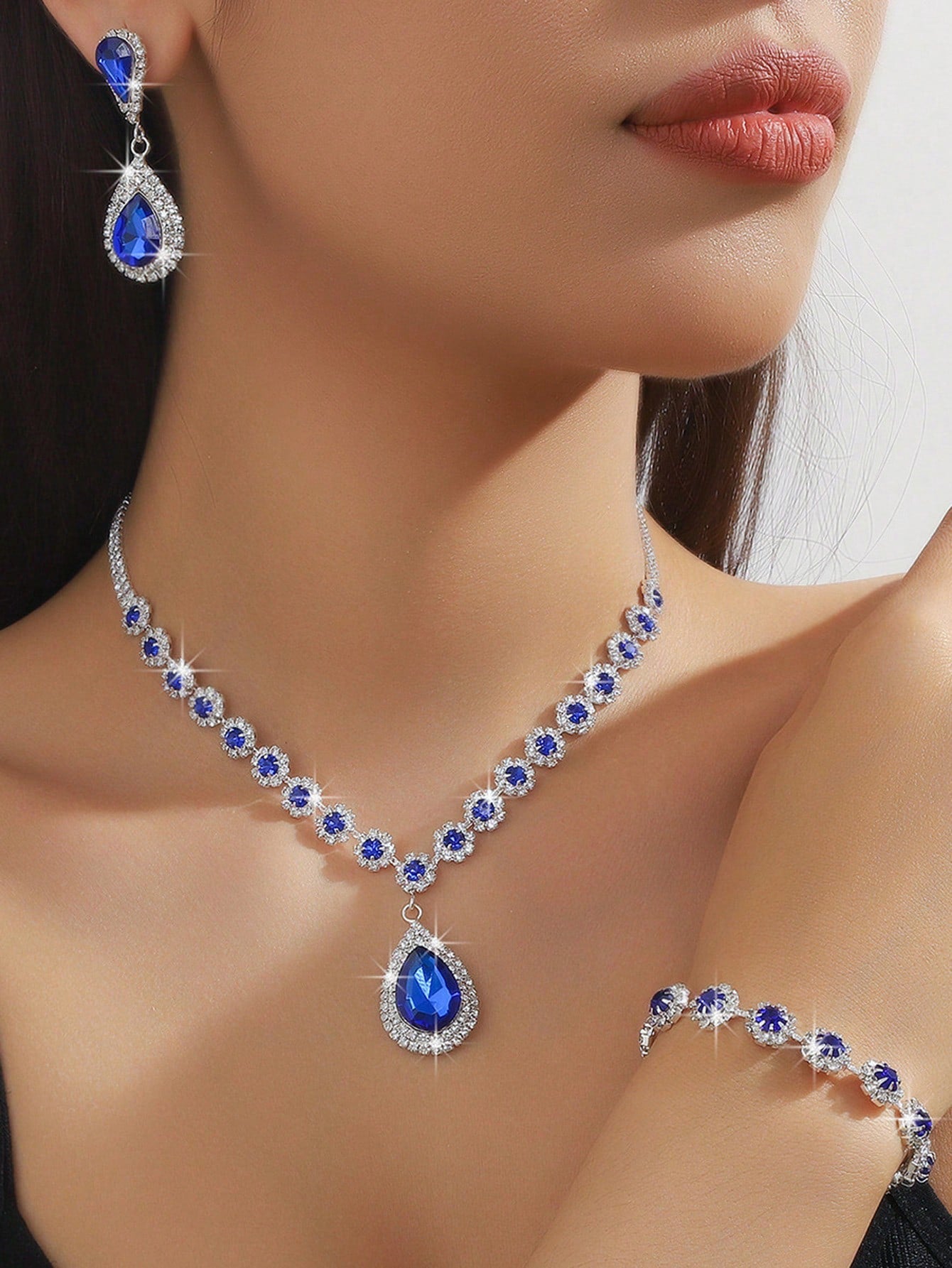 1 Pair Of Earrings + 1 Necklace Elegant Jewelry Set Silver Plated Inlaid Rhinestone Multi Colors For U To Choose Match Daily Outfits