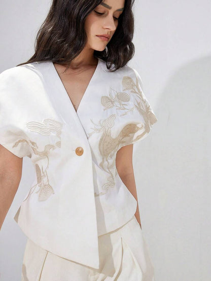 Summer Special White Elegant Embroidered Front Design Tailored Fit Blouse Dress