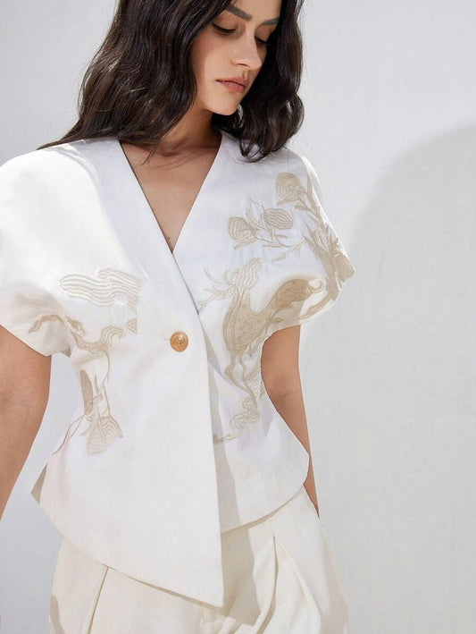 Summer Special White Elegant Embroidered Front Design Tailored Fit Blouse Dress