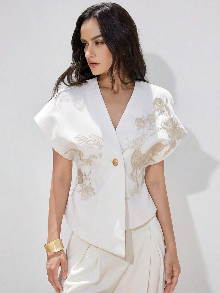 Summer Special White Elegant Embroidered Front Design Tailored Fit Blouse Dress