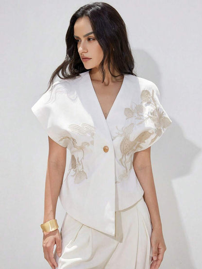 Summer Special White Elegant Embroidered Front Design Tailored Fit Blouse Dress
