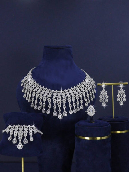5pcs Set Luxury Royal Style Oversize Tassel Floral Teardrop Design Bridal Wedding Jewelry Set