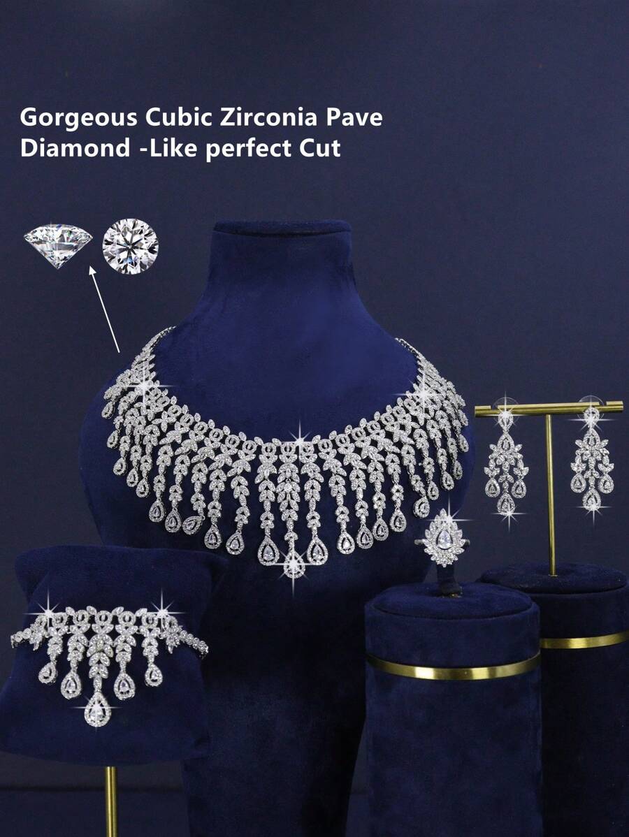 5pcs Set Luxury Royal Style Oversize Tassel Floral Teardrop Design Bridal Wedding Jewelry Set