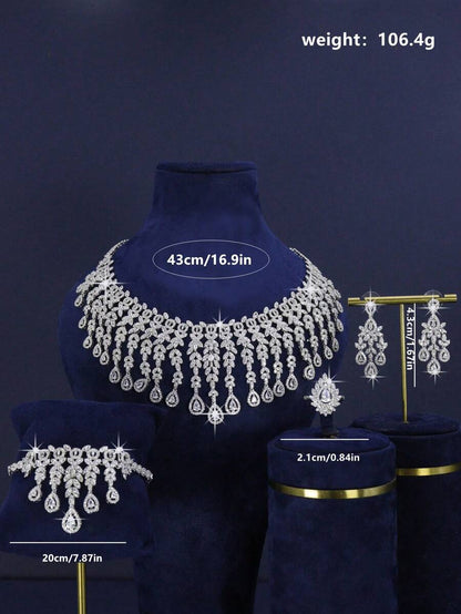 5pcs Set Luxury Royal Style Oversize Tassel Floral Teardrop Design Bridal Wedding Jewelry Set