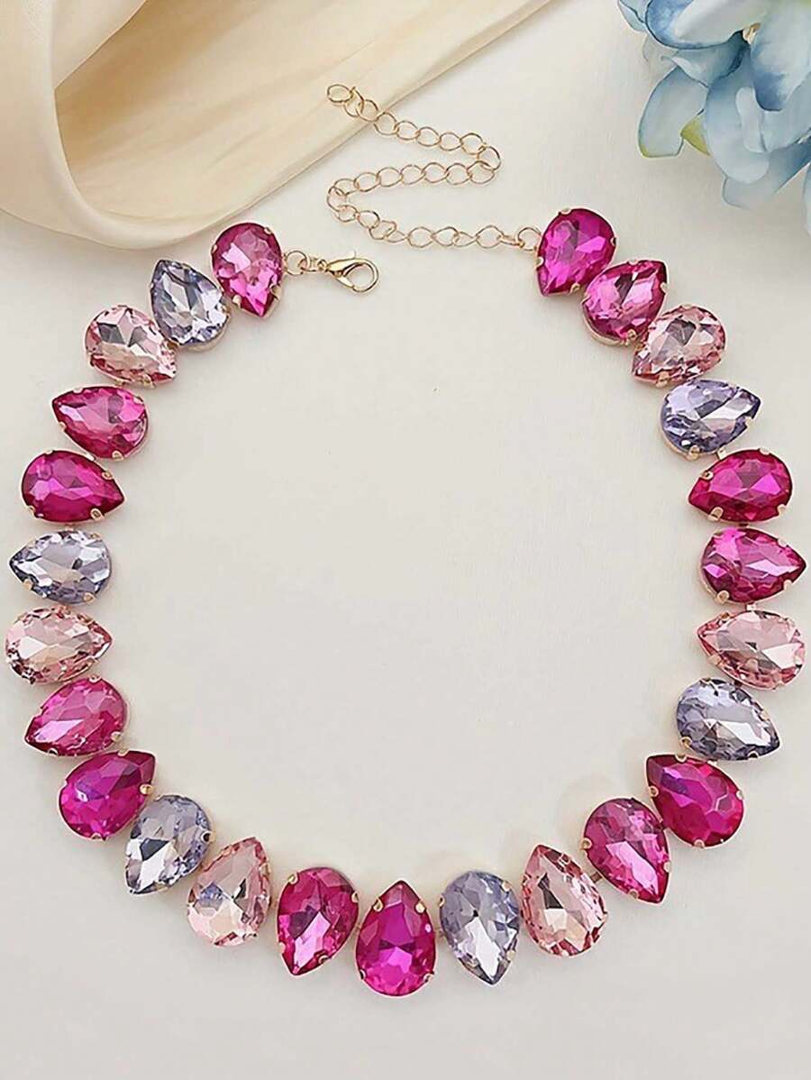 Bohemian Style Glamorous Colorful Glass Crystal Heart & Teardrop Pendant Necklace, Gold Jewelry For Women