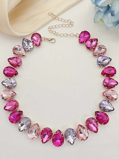 Bohemian Style Glamorous Colorful Glass Crystal Heart & Teardrop Pendant Necklace, Gold Jewelry For Women