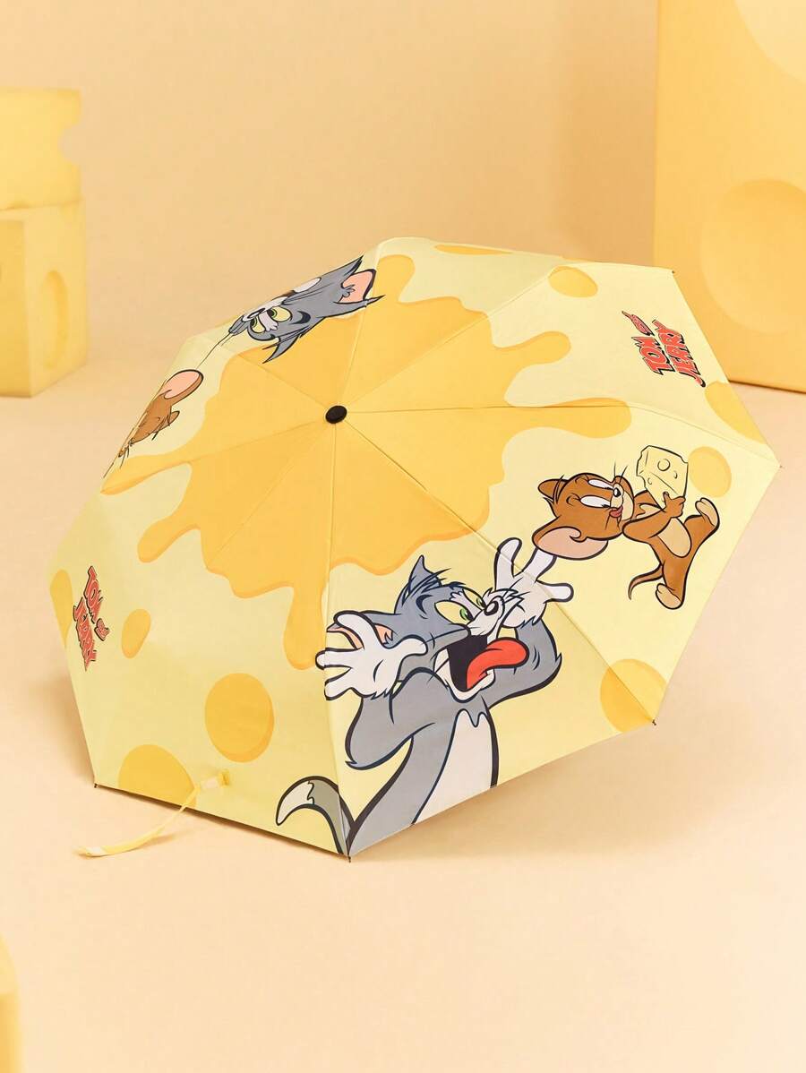 TOM & JERRY 1pc Cute Cartoon Cat, Mouse, Cheese Pattern Automatic Opening And Closing Umbrella With Sun Protection Function, Suitable For School, Work, Outings, And Daily Use, Designed For College Students, High School Students, And Women