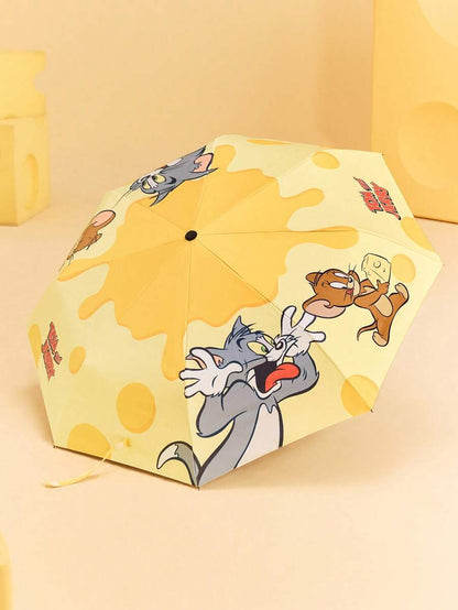 TOM & JERRY 1pc Cute Cartoon Cat, Mouse, Cheese Pattern Automatic Opening And Closing Umbrella With Sun Protection Function, Suitable For School, Work, Outings, And Daily Use, Designed For College Students, High School Students, And Women