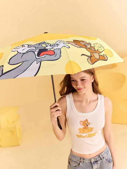 TOM & JERRY 1pc Cute Cartoon Cat, Mouse, Cheese Pattern Automatic Opening And Closing Umbrella With Sun Protection Function, Suitable For School, Work, Outings, And Daily Use, Designed For College Students, High School Students, And Women