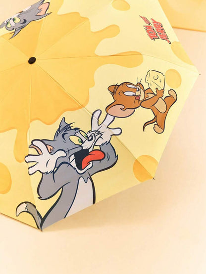 TOM & JERRY 1pc Cute Cartoon Cat, Mouse, Cheese Pattern Automatic Opening And Closing Umbrella With Sun Protection Function, Suitable For School, Work, Outings, And Daily Use, Designed For College Students, High School Students, And Women