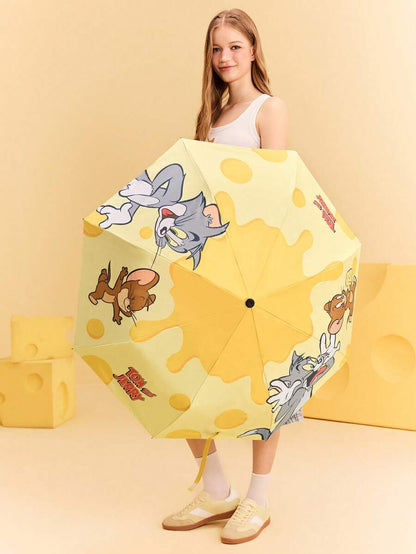 TOM & JERRY 1pc Cute Cartoon Cat, Mouse, Cheese Pattern Automatic Opening And Closing Umbrella With Sun Protection Function, Suitable For School, Work, Outings, And Daily Use, Designed For College Students, High School Students, And Women