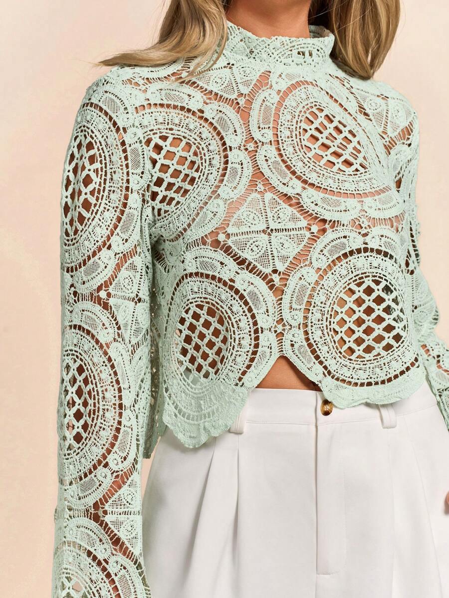 Women's Water-Soluble Flower Lace Trim Sheer Blouse, Date Night Sexy Tops,Embroidered Hollowed-Out Tops,Vacation Outfits For Woman,Light Green Embroidered Pullovers ,Elegant Women Outfits Fall Cloth