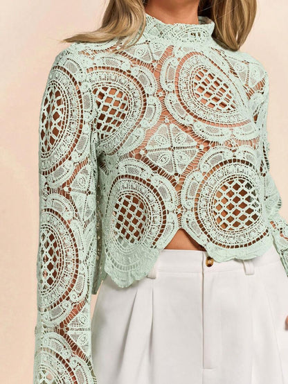 Women's Water-Soluble Flower Lace Trim Sheer Blouse, Date Night Sexy Tops,Embroidered Hollowed-Out Tops,Vacation Outfits For Woman,Light Green Embroidered Pullovers ,Elegant Women Outfits Fall Cloth