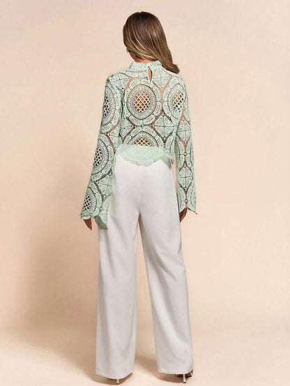 Women's Water-Soluble Flower Lace Trim Sheer Blouse, Date Night Sexy Tops,Embroidered Hollowed-Out Tops,Vacation Outfits For Woman,Light Green Embroidered Pullovers ,Elegant Women Outfits Fall Cloth