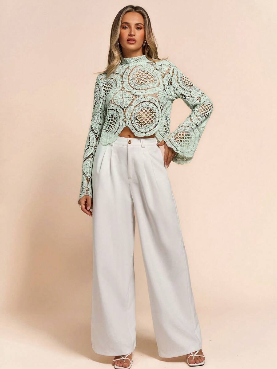 Women's Water-Soluble Flower Lace Trim Sheer Blouse, Date Night Sexy Tops,Embroidered Hollowed-Out Tops,Vacation Outfits For Woman,Light Green Embroidered Pullovers ,Elegant Women Outfits Fall Cloth