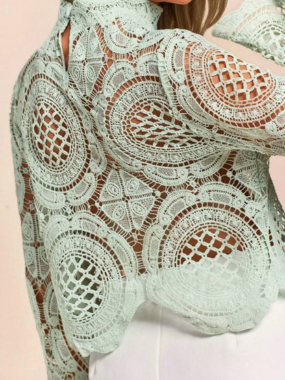 Women's Water-Soluble Flower Lace Trim Sheer Blouse, Date Night Sexy Tops,Embroidered Hollowed-Out Tops,Vacation Outfits For Woman,Light Green Embroidered Pullovers ,Elegant Women Outfits Fall Cloth