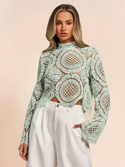 Women's Water-Soluble Flower Lace Trim Sheer Blouse, Date Night Sexy Tops,Embroidered Hollowed-Out Tops,Vacation Outfits For Woman,Light Green Embroidered Pullovers ,Elegant Women Outfits Fall Cloth