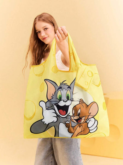 TOM & JERRY 1pc Cute Cartoon Character Printed Polyester Foldable Shopping Bag, Tote Bag, Equipped With A Small Storage Bag With A Bead Chain,Gift