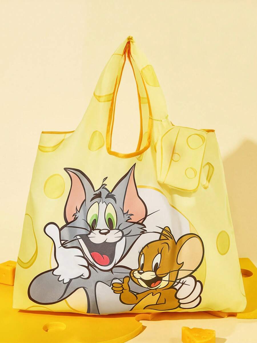 TOM & JERRY 1pc Cute Cartoon Character Printed Polyester Foldable Shopping Bag, Tote Bag, Equipped With A Small Storage Bag With A Bead Chain,Gift