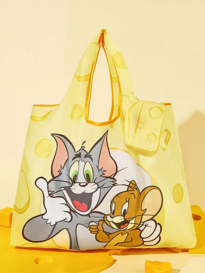 TOM & JERRY 1pc Cute Cartoon Character Printed Polyester Foldable Shopping Bag, Tote Bag, Equipped With A Small Storage Bag With A Bead Chain,Gift