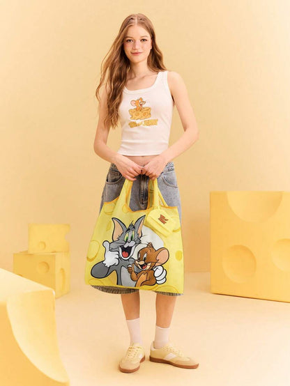 TOM & JERRY 1pc Cute Cartoon Character Printed Polyester Foldable Shopping Bag, Tote Bag, Equipped With A Small Storage Bag With A Bead Chain,Gift