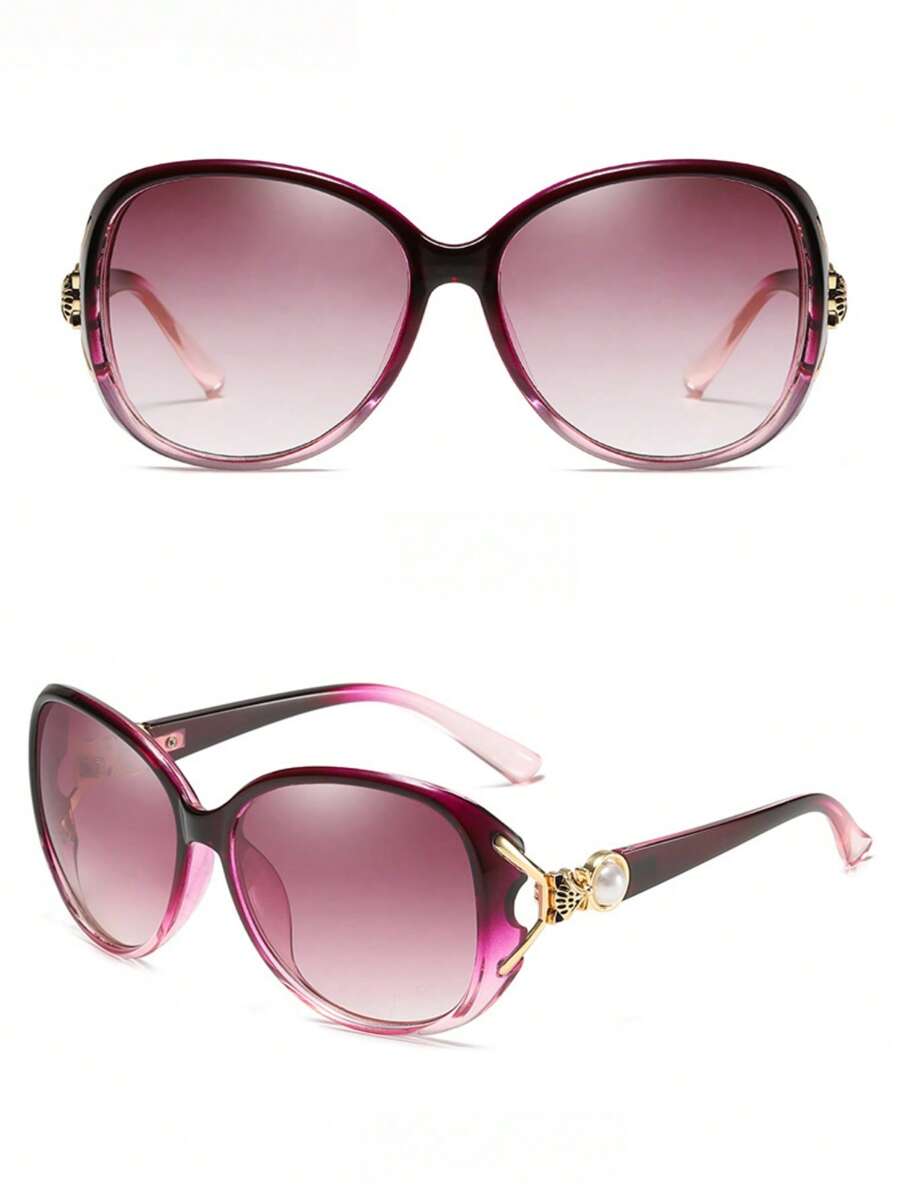 Women's Vintage-Inspired Large Frame Fashion Sun Glasses With Faux Fox Head Hanger - Stylish Purple AC Lens; Metal Hinges, Elegant Design For Casual Attire