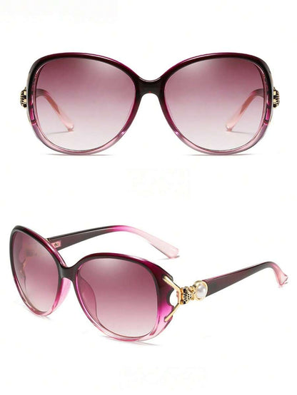 Women's Vintage-Inspired Large Frame Fashion Sun Glasses With Faux Fox Head Hanger - Stylish Purple AC Lens; Metal Hinges, Elegant Design For Casual Attire