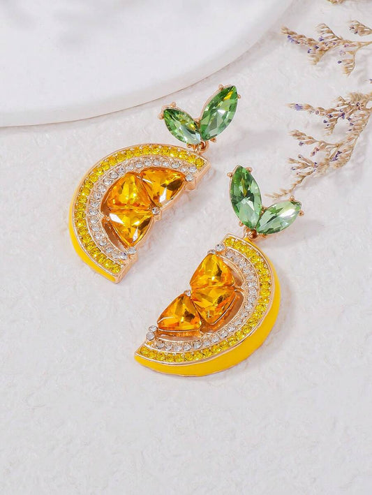 Rhinestone Lemon Pendant Earrings For Women, Cute Casual Daily Party Jewelry Gift