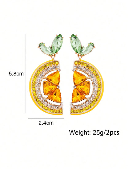 Rhinestone Lemon Pendant Earrings For Women, Cute Casual Daily Party Jewelry Gift