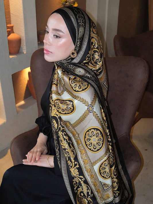 Black Luxurious Fashion Palace Print Scarf Vintage Satin Shawl Imitation Silk Head Wrap Hijab Casual Sunscreen Windproof