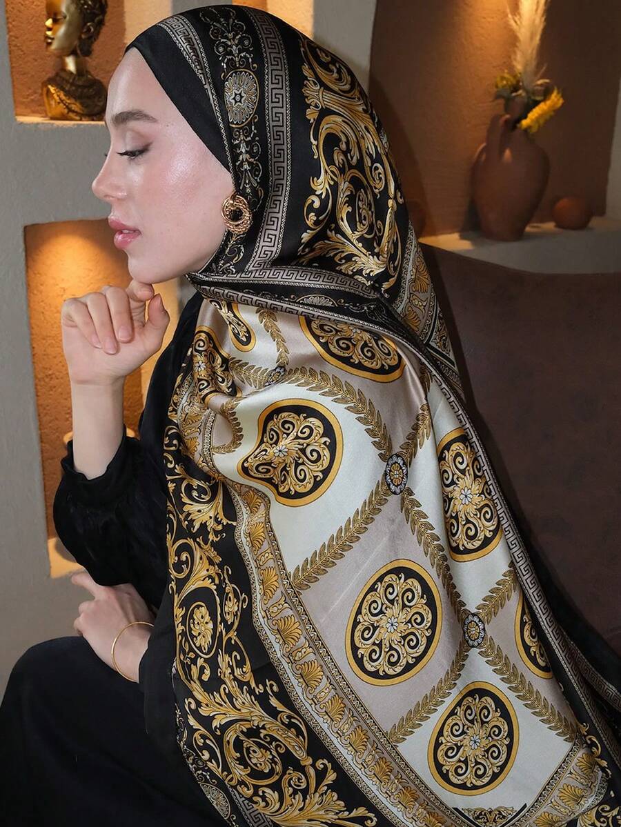 Black Luxurious Fashion Palace Print Scarf Vintage Satin Shawl Imitation Silk Head Wrap Hijab Casual Sunscreen Windproof