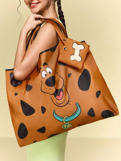 SCOOBY-DOO Cute Cartoon Character Printed Polyester Foldable Shopping Bag, Tote Bag, Equipped With A Small Storage Bag With A Bead Chain