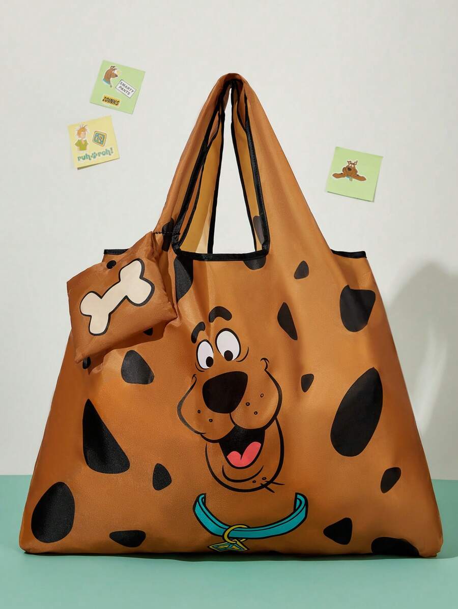 SCOOBY-DOO Cute Cartoon Character Printed Polyester Foldable Shopping Bag, Tote Bag, Equipped With A Small Storage Bag With A Bead Chain