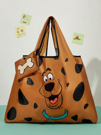 SCOOBY-DOO Cute Cartoon Character Printed Polyester Foldable Shopping Bag, Tote Bag, Equipped With A Small Storage Bag With A Bead Chain