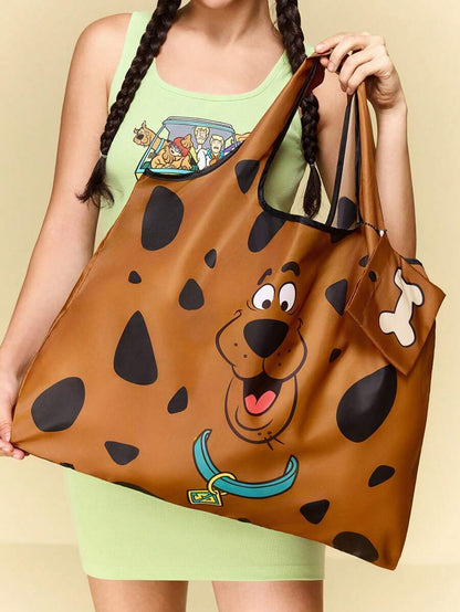 SCOOBY-DOO Cute Cartoon Character Printed Polyester Foldable Shopping Bag, Tote Bag, Equipped With A Small Storage Bag With A Bead Chain