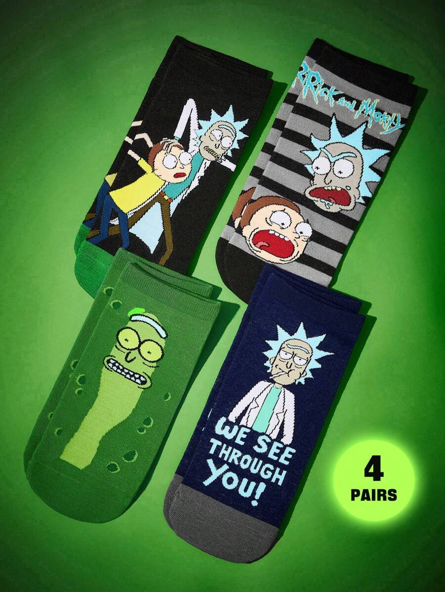 Rick and Morty 4 Pairs SET Soft Breathable Moisture Wicking Men's Ankle Socks, Reinforced Toe And Heel, Durable For All Seasons, Black And Green, Unisex