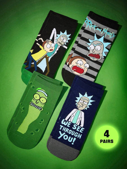 Rick and Morty 4 Pairs SET Soft Breathable Moisture Wicking Men's Ankle Socks, Reinforced Toe And Heel, Durable For All Seasons, Black And Green, Unisex