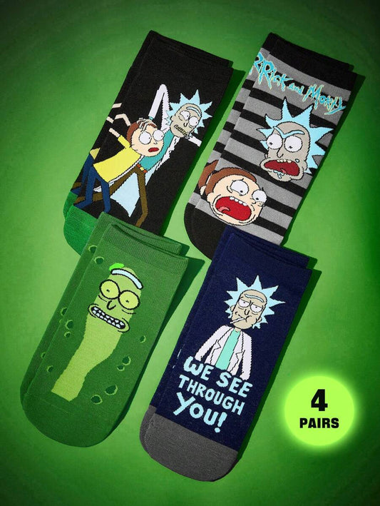 Rick and Morty 4 Pairs SET Soft Breathable Moisture Wicking Men's Ankle Socks, Reinforced Toe And Heel, Durable For All Seasons, Black And Green, Unisex