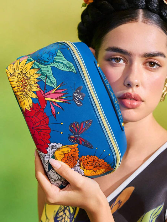 Frida Kahlo 1 Pc Artist Floral Pattern Print Large Capacity Flat Pu Leather Cosmetic Bag
