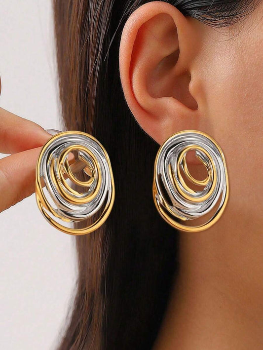 Silver & Gold color Tassel Earrings, Thick Ear Stud, Color Matching Design, Suitable For Beach Outfit