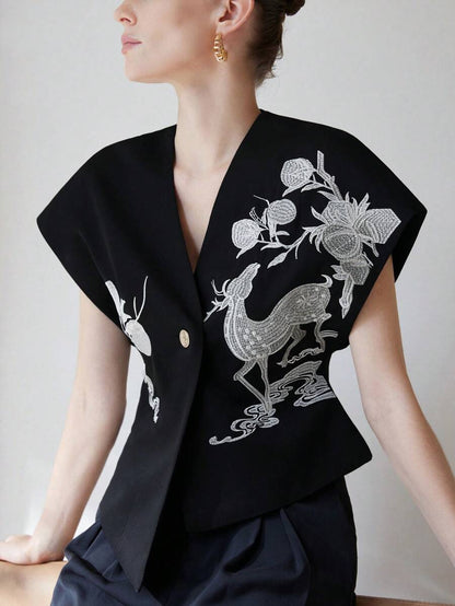 Summer Special Women Top With Fashionable Design, Embroidery Detail, Waist-Cinching, Asymmetric Hemline