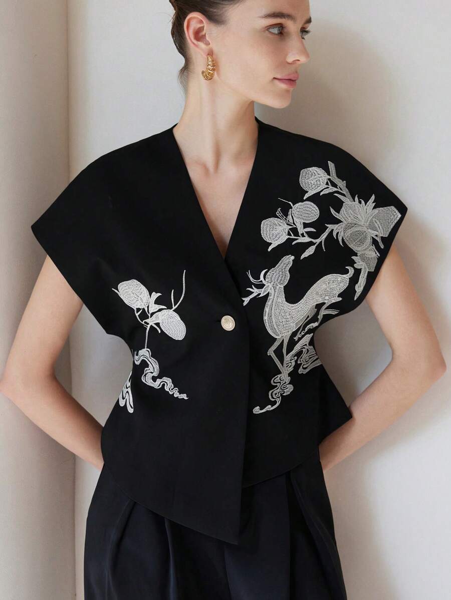 Summer Special Women Top With Fashionable Design, Embroidery Detail, Waist-Cinching, Asymmetric Hemline