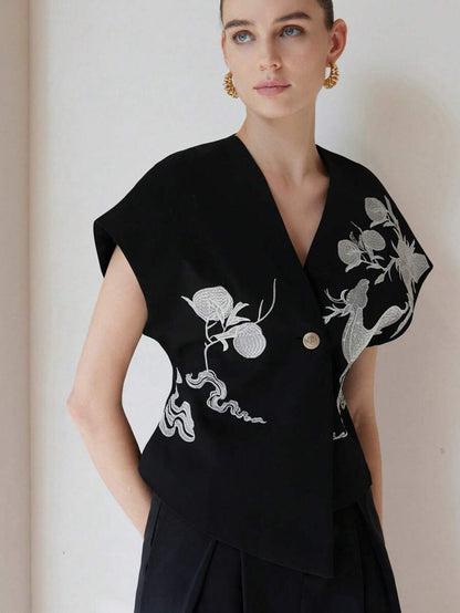 Summer Special Women Top With Fashionable Design, Embroidery Detail, Waist-Cinching, Asymmetric Hemline