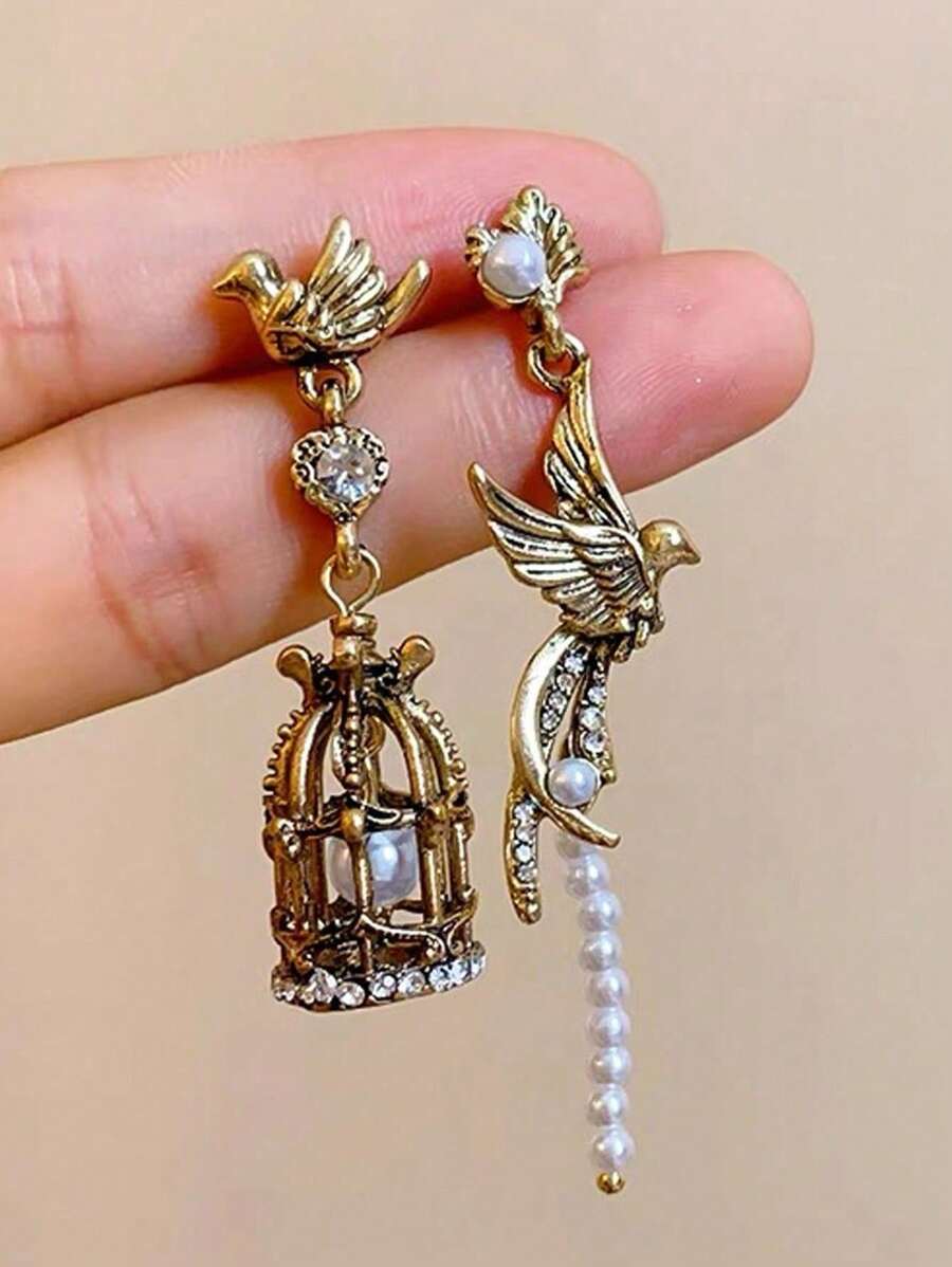 Vintage Asymmetric Bird Cage Faux Pearl Earrings, Suitable For Any Occasion